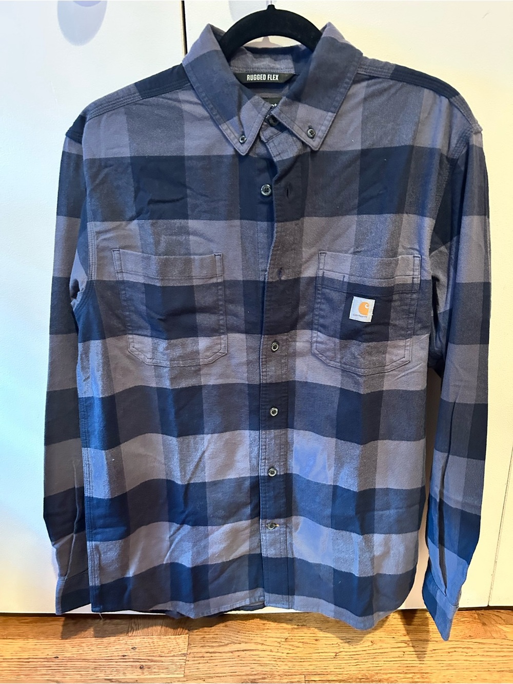 Carhartt Men's Navy and Gray Plaid Button-Down Shirt, rugged flex relaxed fit